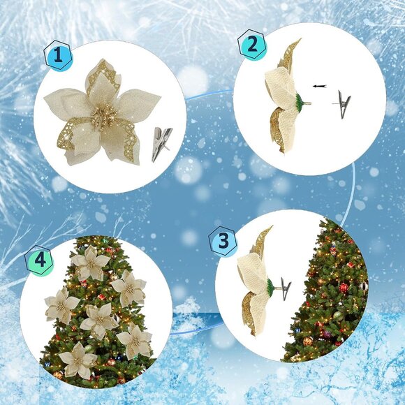 12 PCS Poinsettia Flower‎ Artificial Poinsettia Christmas Decoration 5.9'' Gold - Picture 4 of 7